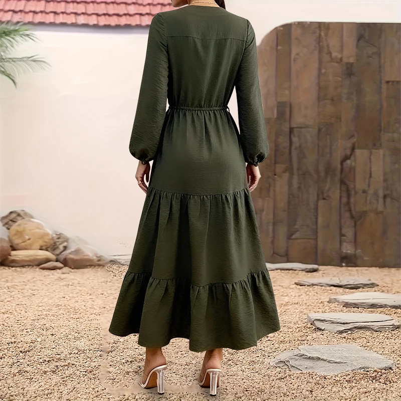 Spring&Summer Elegant Lady's Solid-color Dress Modest V-Neck Single-breasted A-shaped Skirt Daily Wear Drawstring Design S-2XL