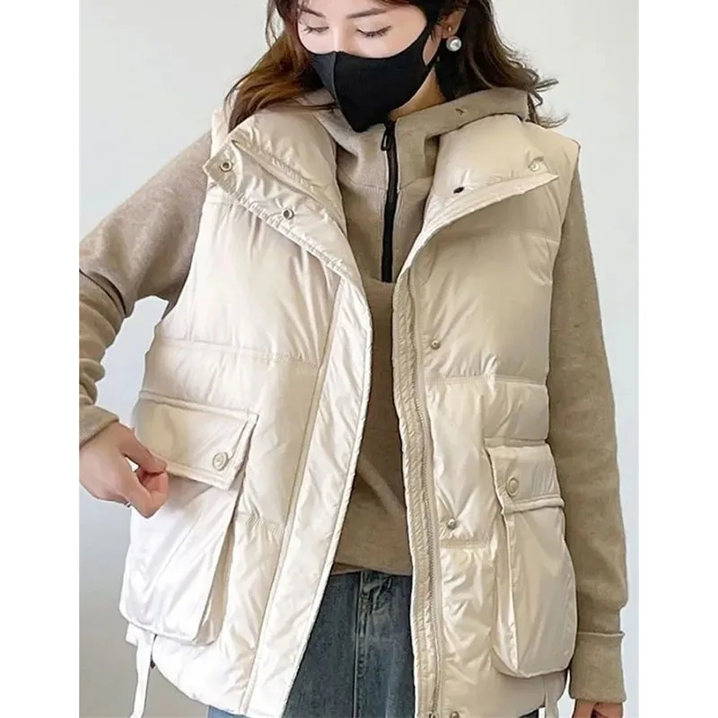 

2025 Women Puffer Sleeveless Top Korean Ladies Loose Down Cotton Vest Jacket Autumn Winter Female Stand Collar Parkas Waistcoat