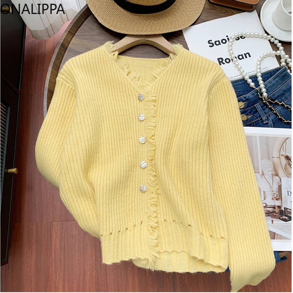 

Onalippa Gentle Wind Tassel Knitted Cardigan Women V Neck Solid Color Oversized Cardigans French Style Small Fresh Sweater