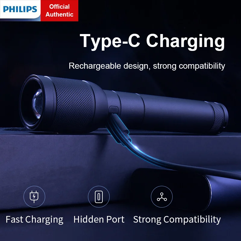 Philips 6168 Optical Zoom Flashlight Type-C Portable Flashlight With 4 Lighting Modes For Self Defense Camping Torch Light