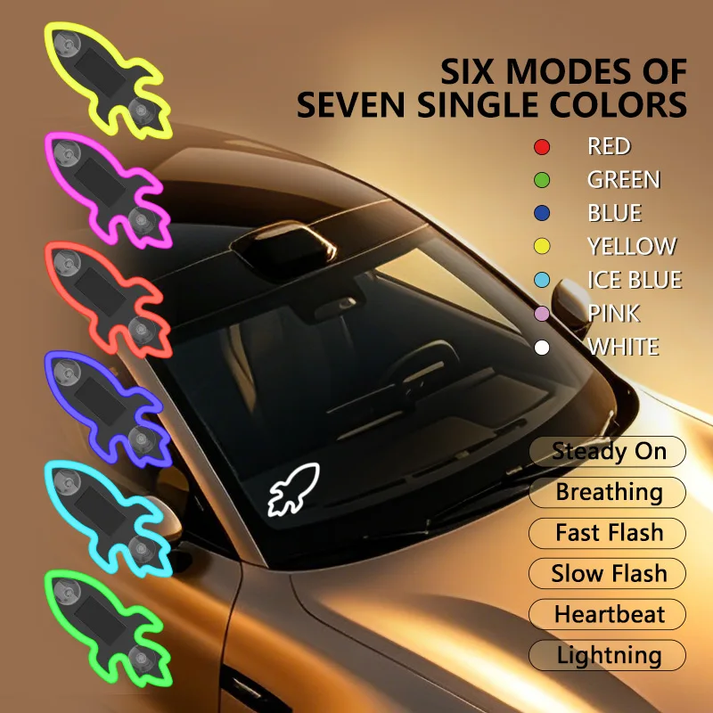 Car mounted solar rocket ambient light without wiring vibration sensing car window neon light home sedan SUV decorative parts