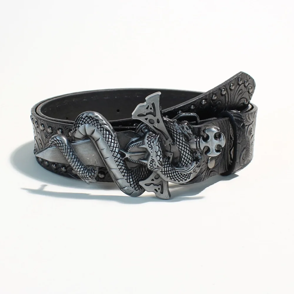 Vintage Snake Metal Buckle PU Leather Waist Belt Punk Rock Rivet Embossed Western Cowboy Waistband Unisex Decorative Jeans Belt