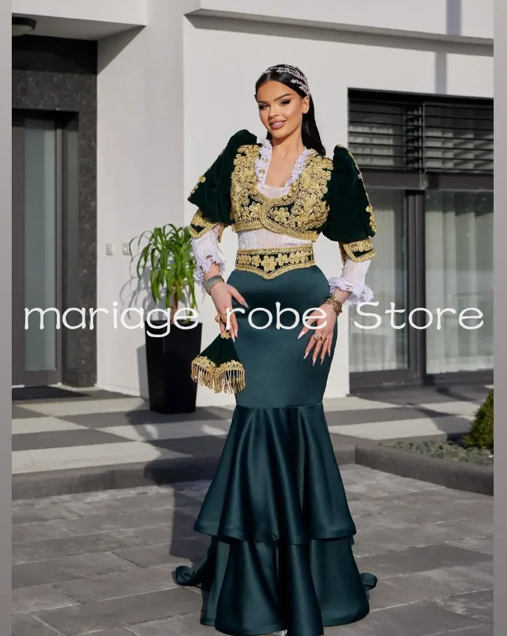 

Emerald Green Mermaid Evening Formal Dresses Gold Applique Vevlet Jacket Traditional Albanian Kosovo Prom Gown Garment
