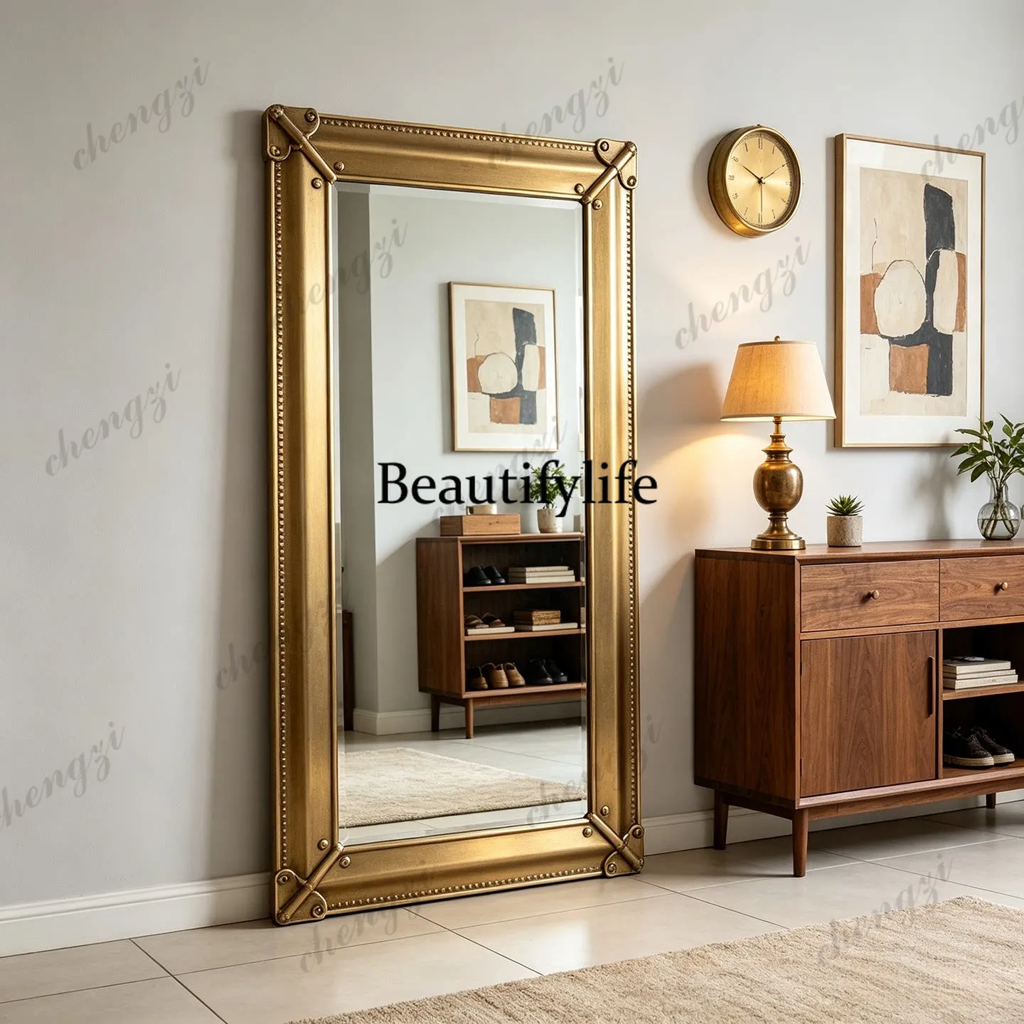 French carved floor-to-ceiling mirror home wall-mounted full-length mirror American retro living room bedroom, fitting mirror