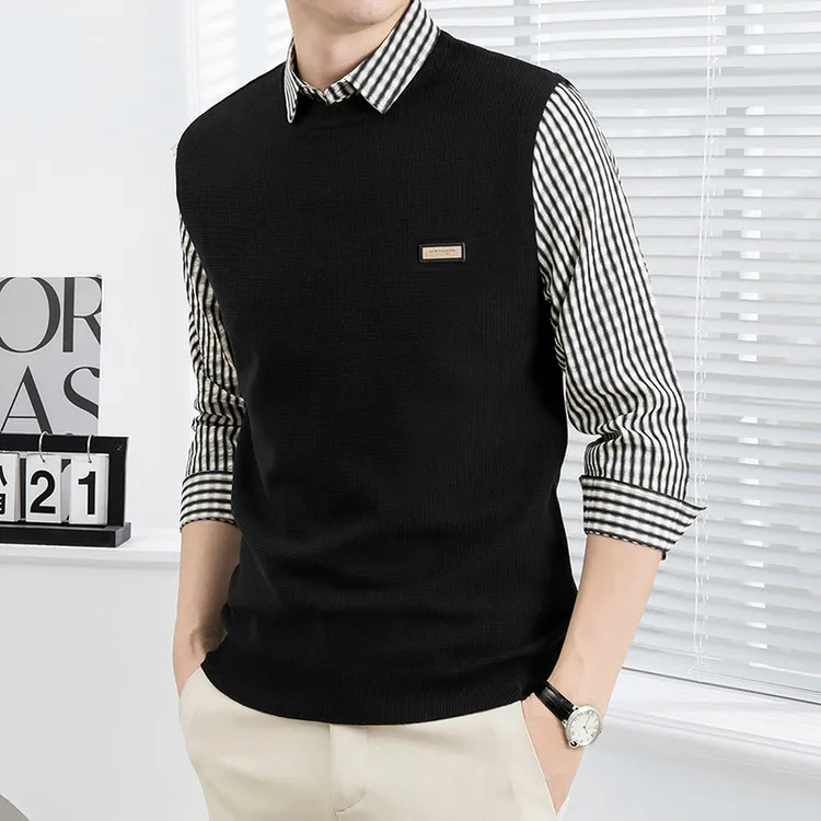 

Men's Knitted irt Sweater Fake Two-Piece Spring Autumn 2025 New Stripe Inner Match Patchwork Base irt Loose Fit Basic Mass