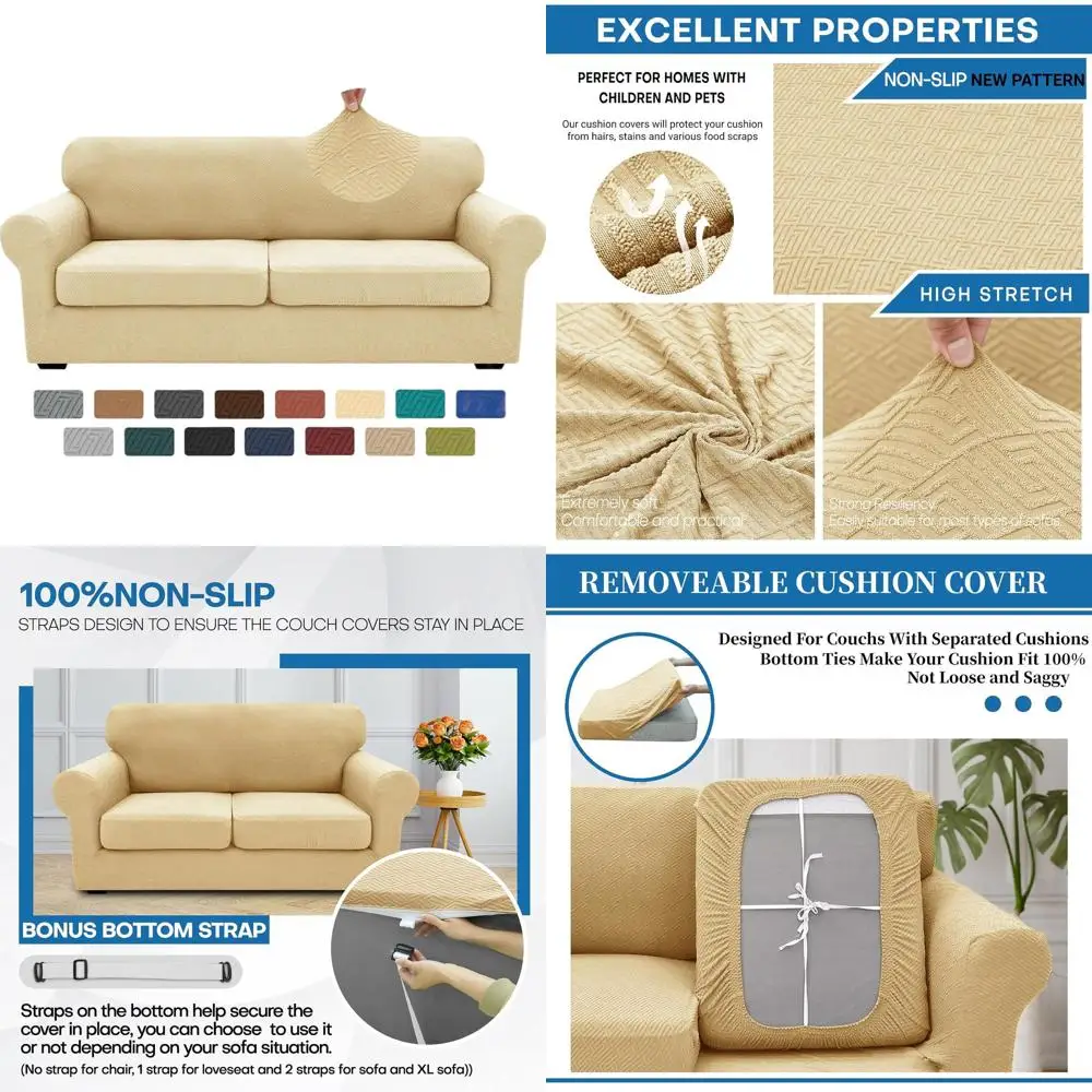 

Универсальные эластичные чехлы для диванов для очень большого двухместного сиденья с 2 подушками, бежевые, 71-91