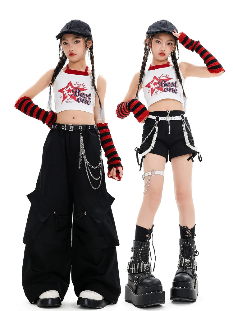 Girls Street Dance Clothes Fashion Short Sleeve Tops Baggy Pants Cheerleading Dance Performance Costume Kids Group Hip Hop Suit