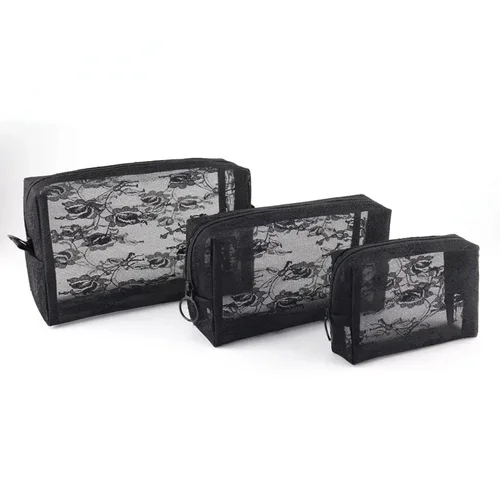 Bolsas de cosméticos transparentes de malla, bolsa de maquillaje negra pequeña y grande, organizador de artículos de tocador de viaje con flores de encaje, bolsa de almacenamiento de lápiz labial, 1 Uds.