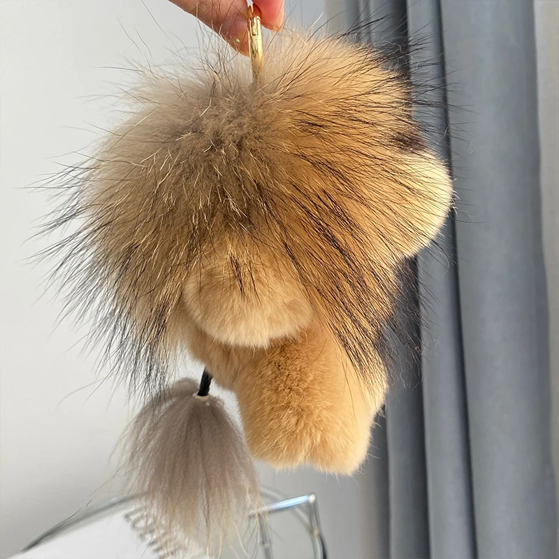 Cute Real Rex Rabbit Fur Simba Lion Bag Charm Car Key Charm Metal Ring Ornaments Kids Birthday Gift