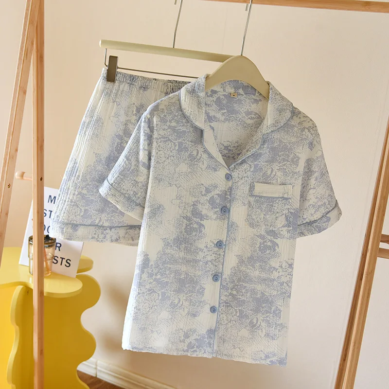 100% Cotton Pajamas For Women Vintage Printed Short Sleeve Shorts Home Suit Lapel Shirt Pant Sets Casual Sleepwear Clothes image 2
