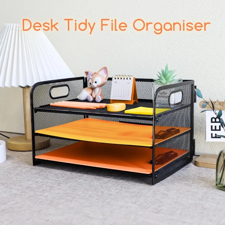 3 Tier Letter Tray Paper Organizer with Handle for Home Office School Desk - Desktop File Folder Sorter Holder with Compact Des
