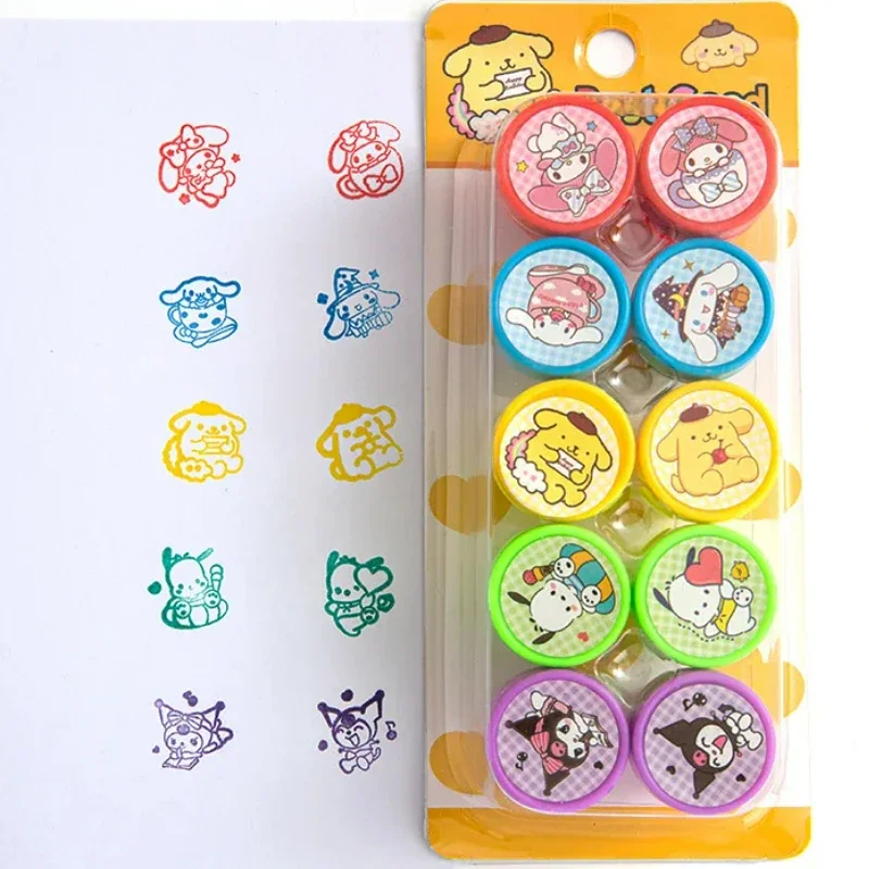 

10Pcs/Set Sanrio peripheral Seal Anime Hellokitty Melody Cinnamoroll Face Seal DIY Painting Album Stamps Children's Toy Gift