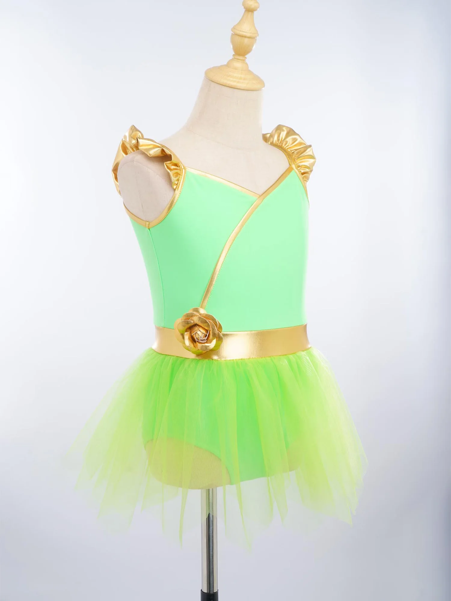 Costume da bagno intero da bambina stile principessa con maniche a volant, gonna in rete con fiore 3D rimovibile, body da bagno, costume da surf, vestito da spiaggia