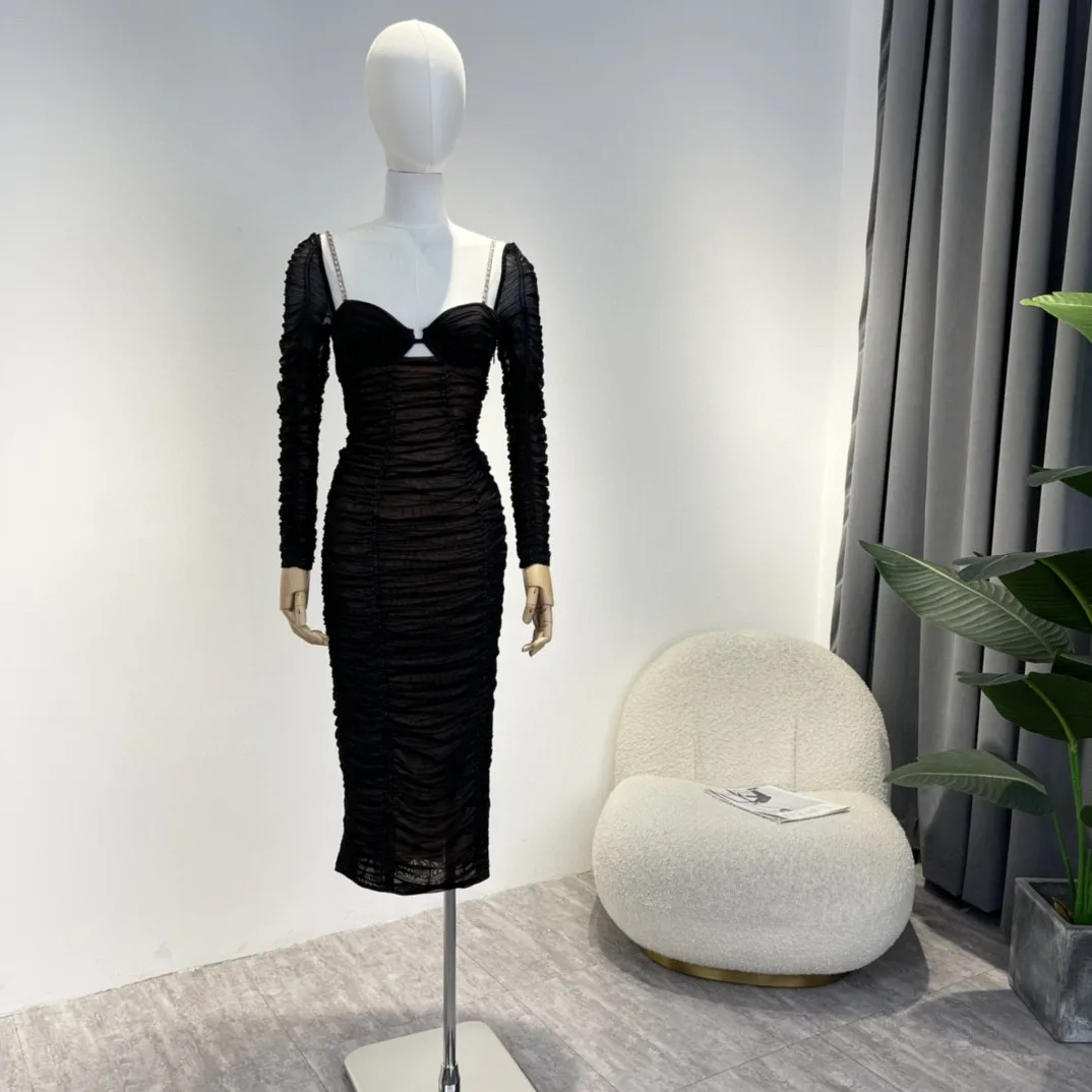 

Black Long Sleeve Tight Fit Tulle Midi Dress