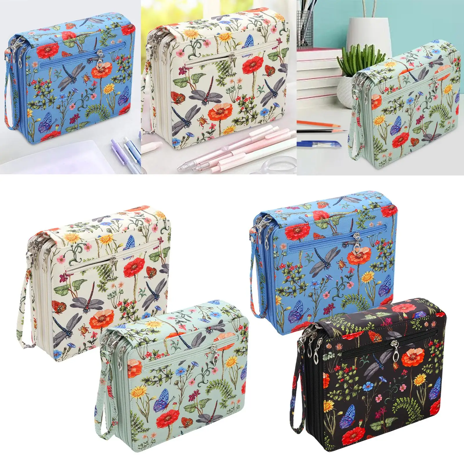 

Pencil Holder 120 Slot Pouch with Handle Strap Three Layers Storage Colored