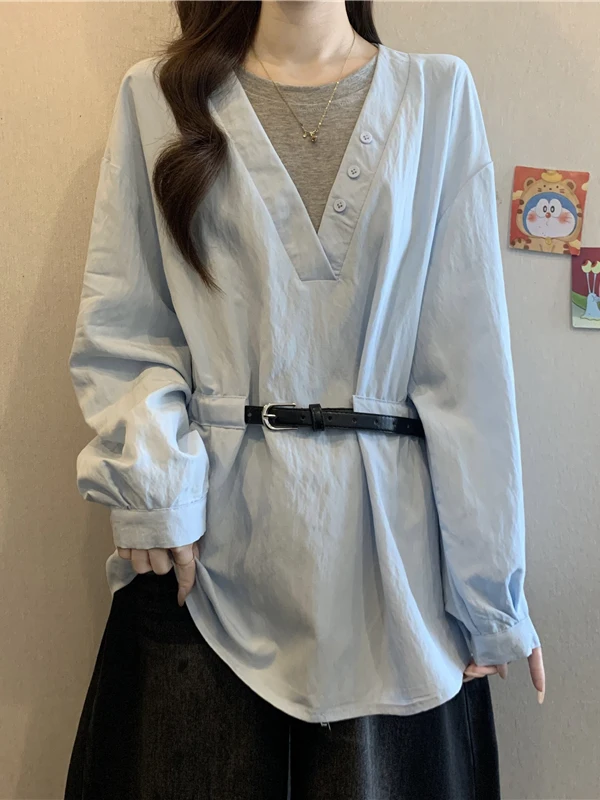 

Светло-голубой длинный женский топ средней длины с завышенной талией в корейском стиле, повседневный, из полиэфирного волокна, весна 2026