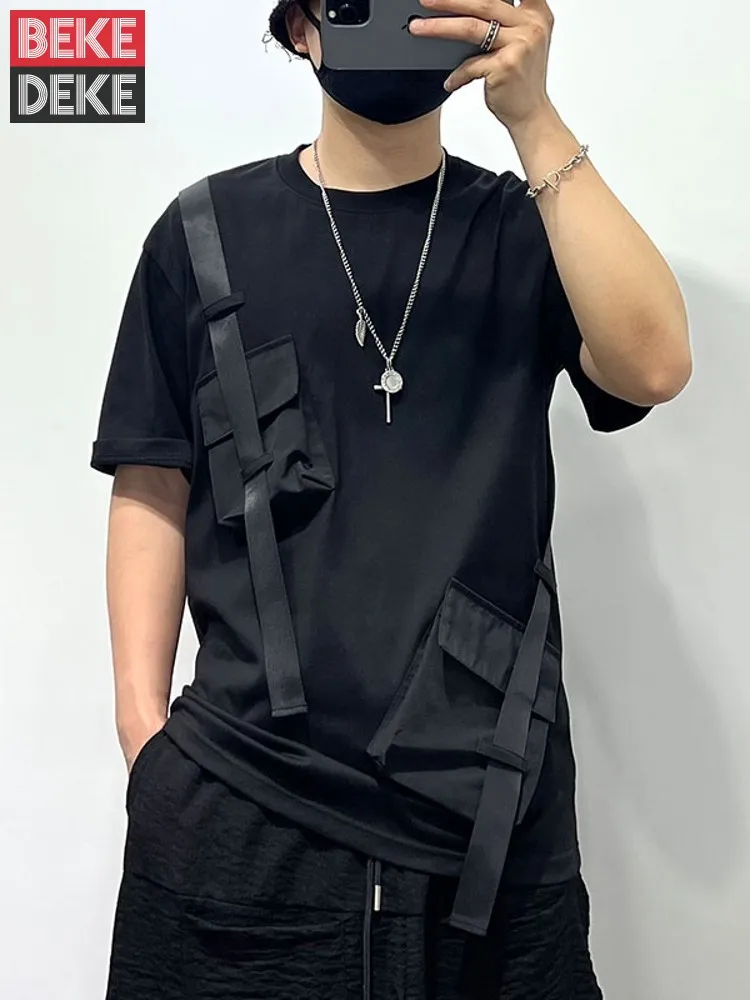 Summer New Mens Strap Pocket Patchwork Casual T-Shirt Comfortable Loose Fit Tees Tops Short Sleeve O Neck Streetwear T-Shirts