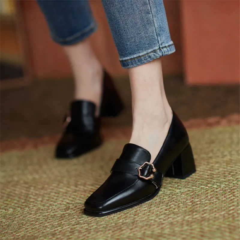 Size31-46 Soft Leather High Heels Women Shoes Square Buckle Thick Heel Females Shoes Fashion Leisure Comfort Ladies Dress Pumps