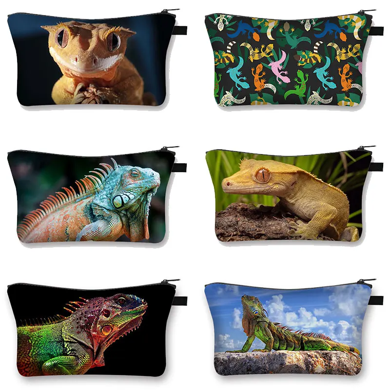 

3D Crested Gecko / Bearded Dragon Print Cosmetic Case Women Pet Reptile Lizard Toiletries Bags Casual Lipstick Makeup Bags Gift