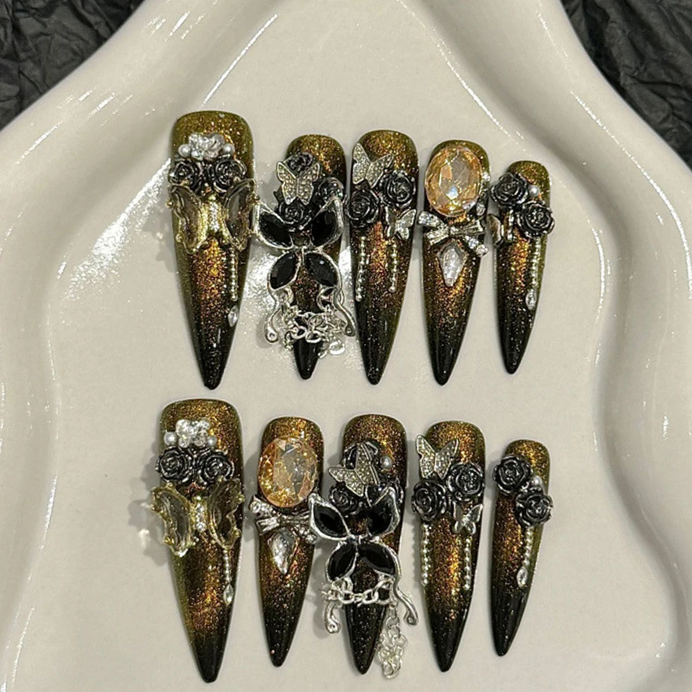 

10pcs/Bag Long Stiletto Gothic Black Gold Metal Butterfly Halloween Nail Art Handmade Press On Nails Detachable False Nails