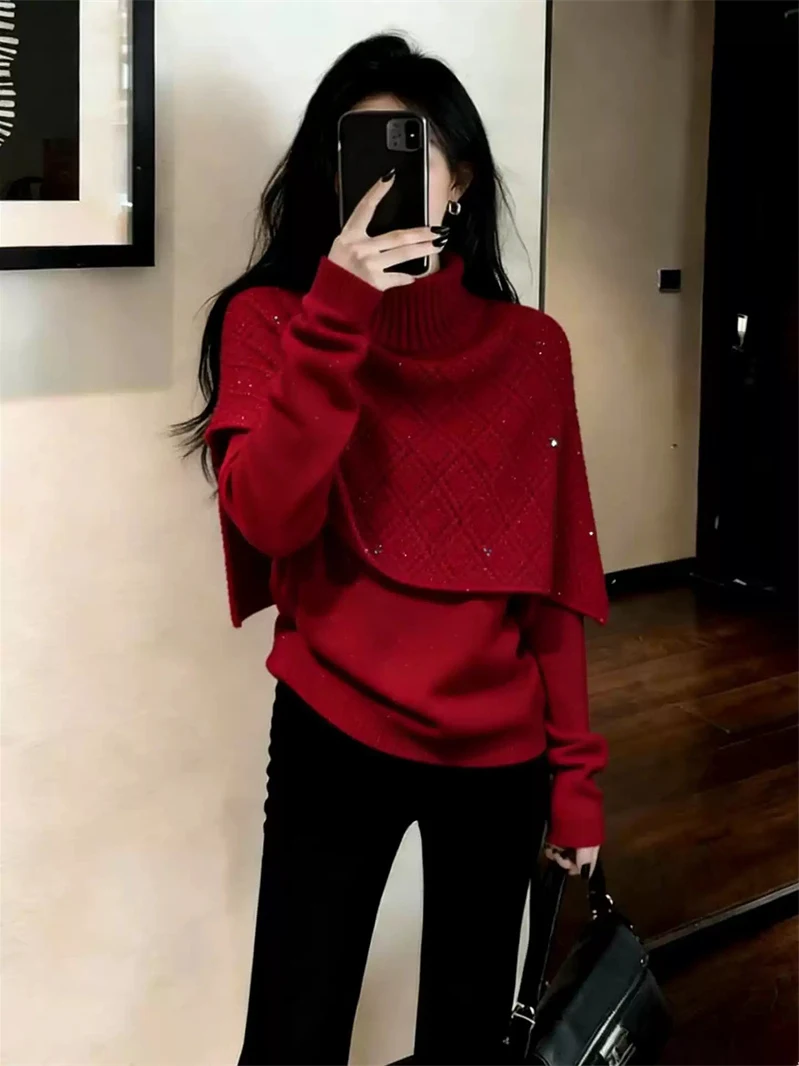 

Красный облегающий трикотажный свитер с высоким воротником и длинными рукавами для женщин, модная новинка ранней весны к Новому году
