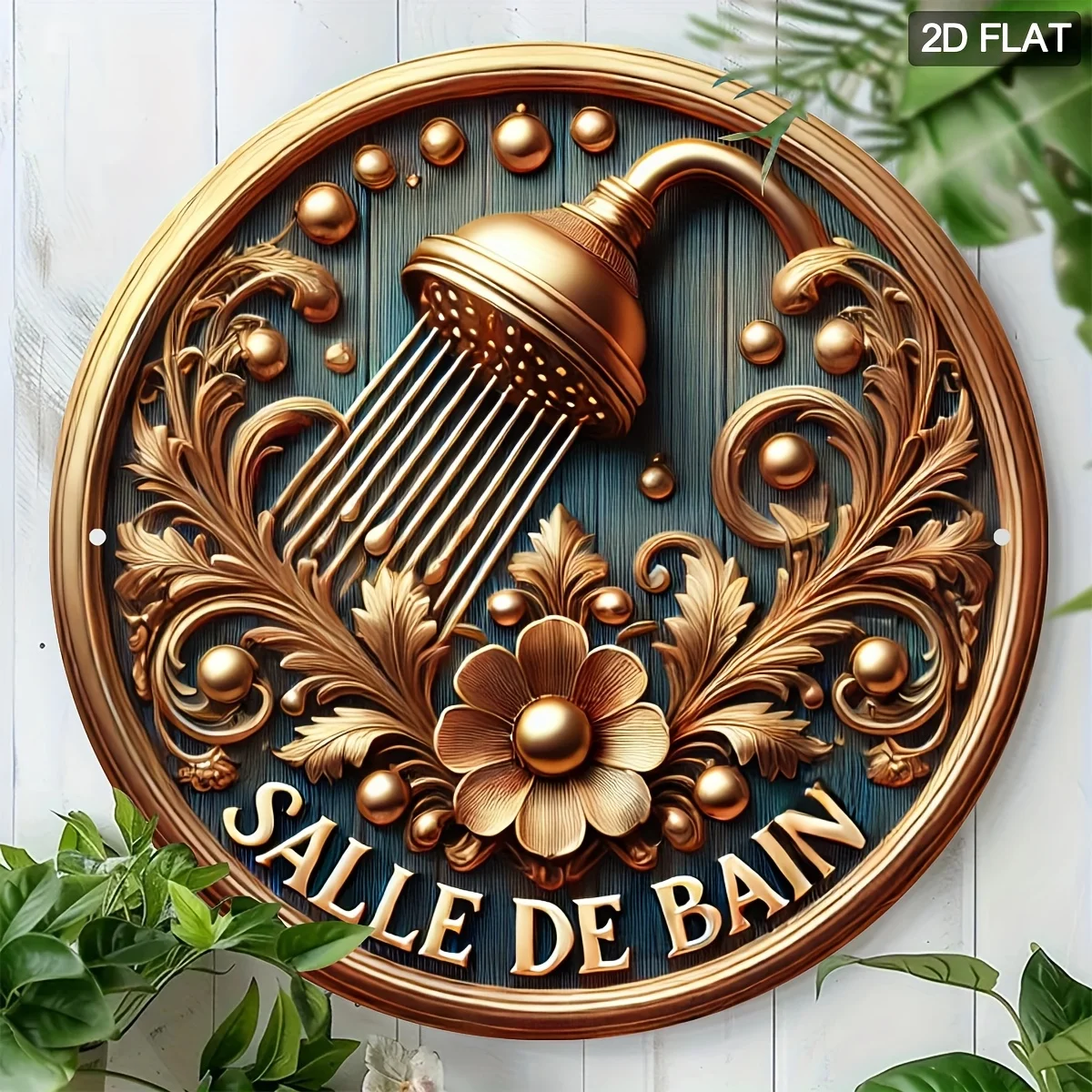 Elegant French-Style 2D Round Wooden Disc Bathroom Wall Art Golden Shower Flower Hanging Design Hotel Restaurant Decoration Gift
