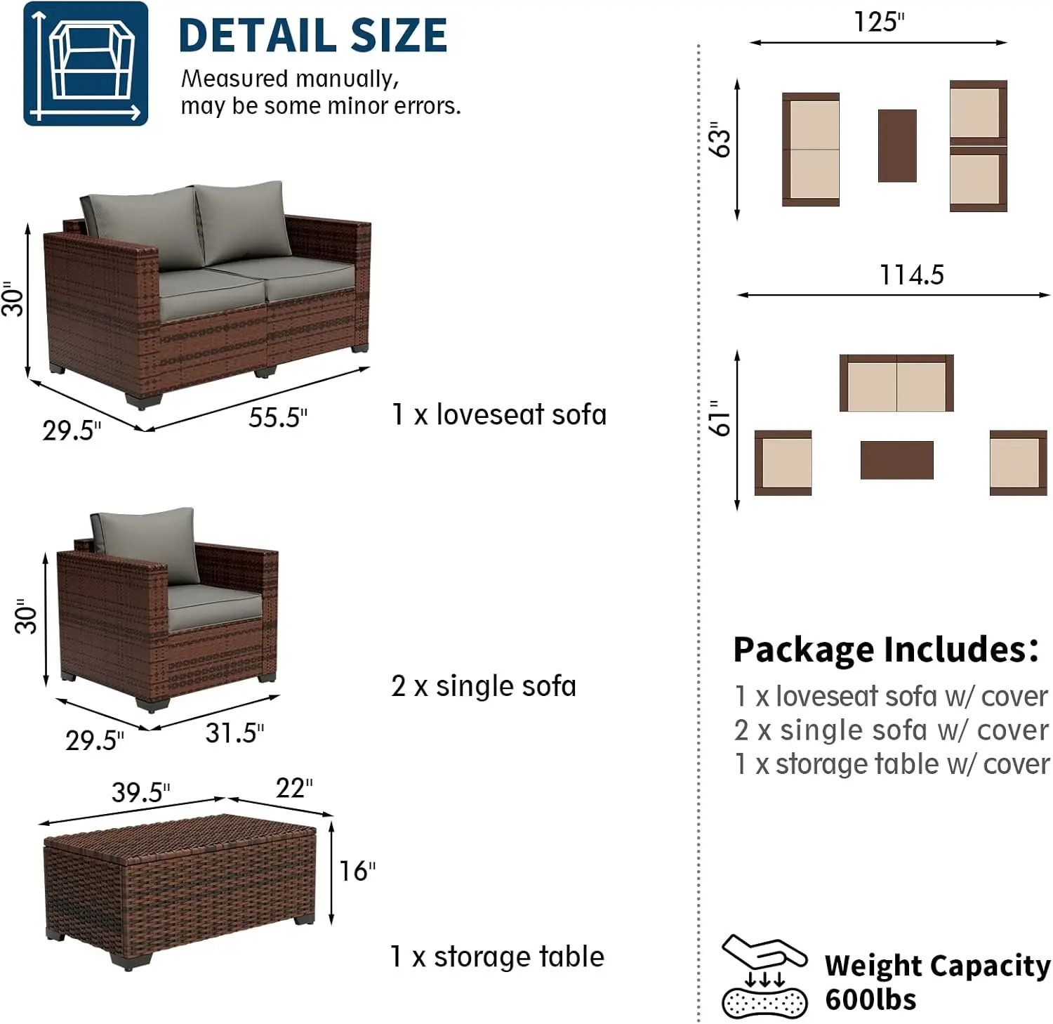 Outdoor Patio Furniture Set Wide Armrest Rattan Patio Sofa Sets w/Storage Table for Poolside Deck Backyard( Grey)