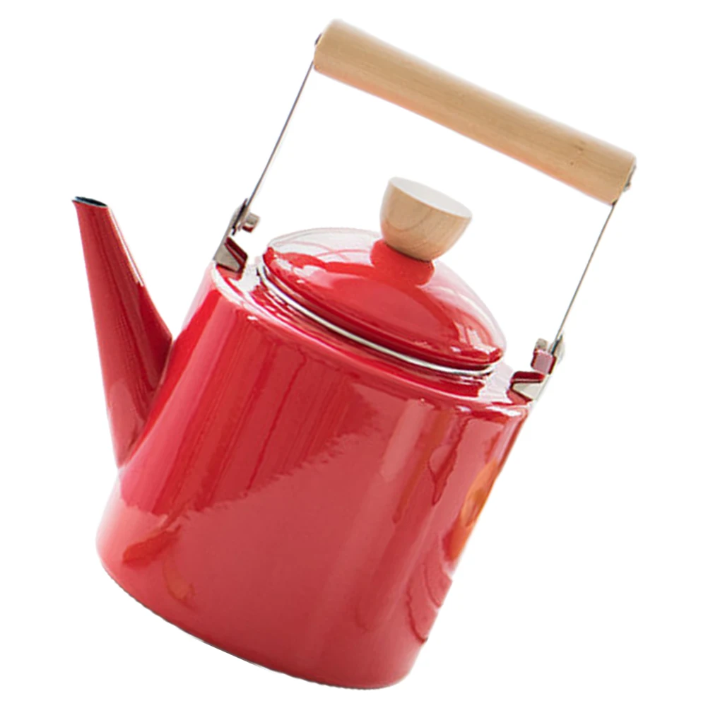 

Japanese Style 2.4L Red Wood Handle Enamel Kettle for Stovetop Tea Coffee Pot Kitchen Barware Jug