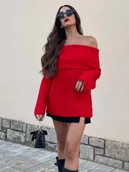 HH Sweater For Women Elegant Off Shoulder Pullover Sweaters Slash Neck Long Sleeve Knit Top Female Fashion Streetwear
