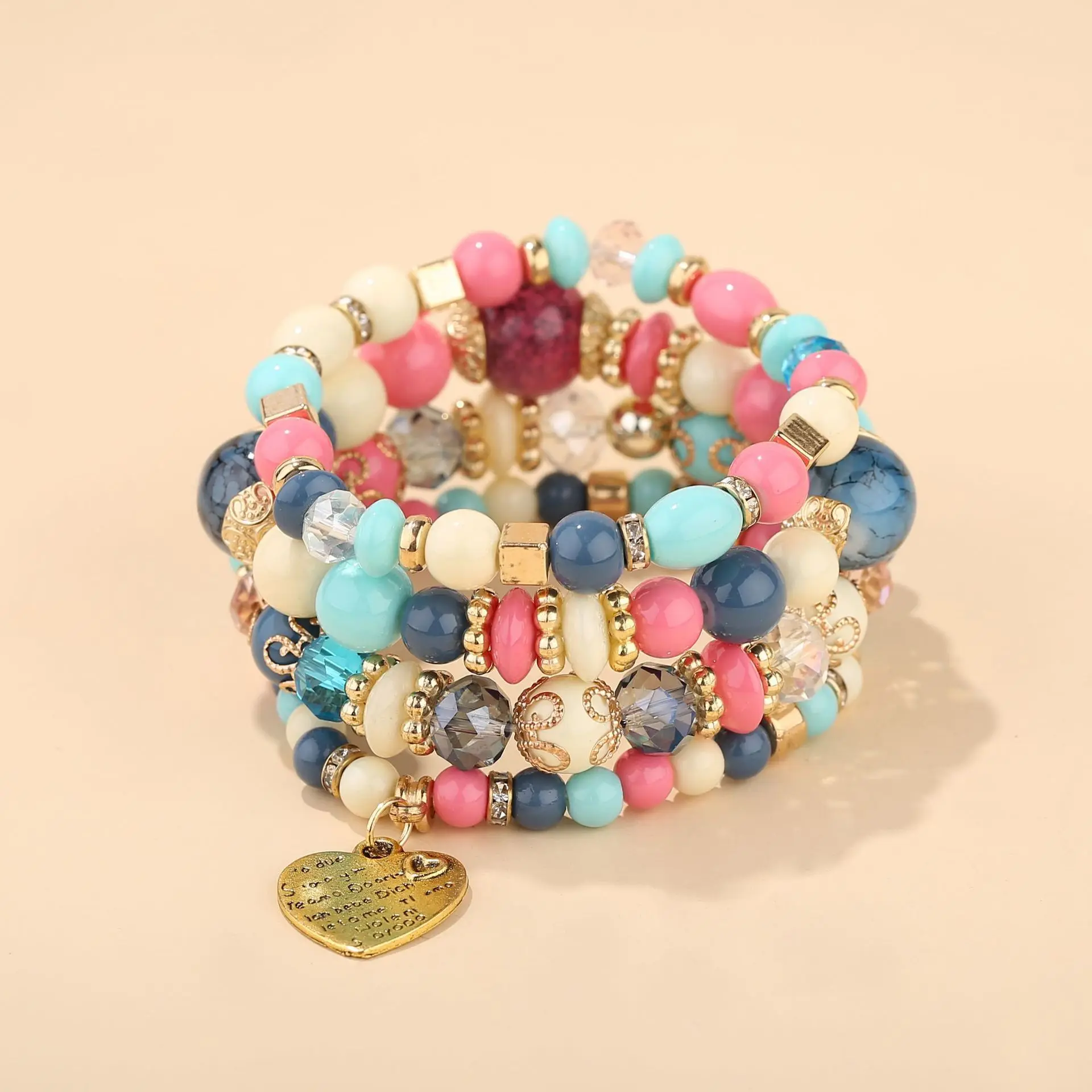 4-teiliges Boho-Armband-Set mit Kristallperlen und Kettendesign für Damen, Vintage-Herzanhänger, elastisches Armband, modischer Party-Schmuck für Frauen – Detail 13