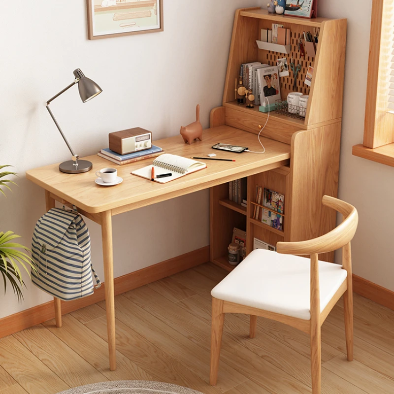 Hole board desk bookshelf integrated student household student writing desk solid wooden foot desk