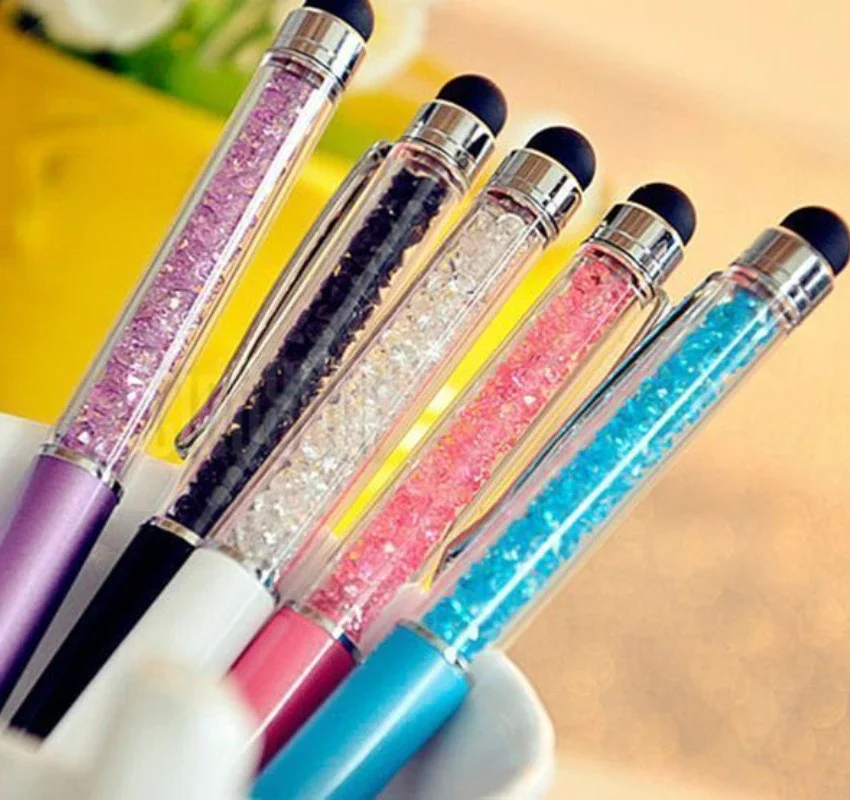 100pcs Crystal 2 in 1 Touch Screen Pens Capacitive Stylus Diamond Ballpoint Pen for Mobile Phone PC Tablet iPad