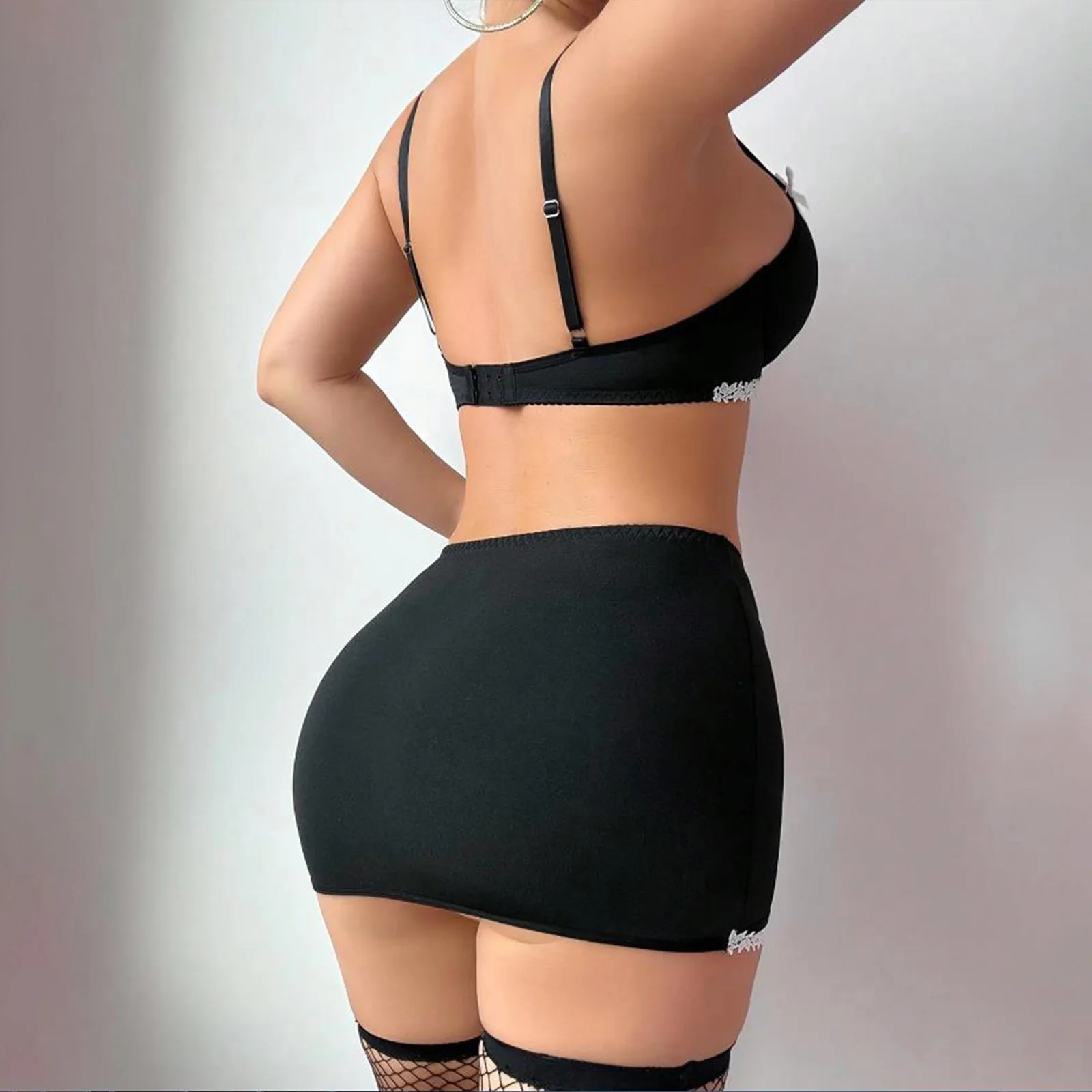 New Women Lingerie Set Lace Trim Decorative Bows Push Up Bra Tops Thong Skirt And Fishnet Stockings 4 Pcs Set Hot Sale S M L