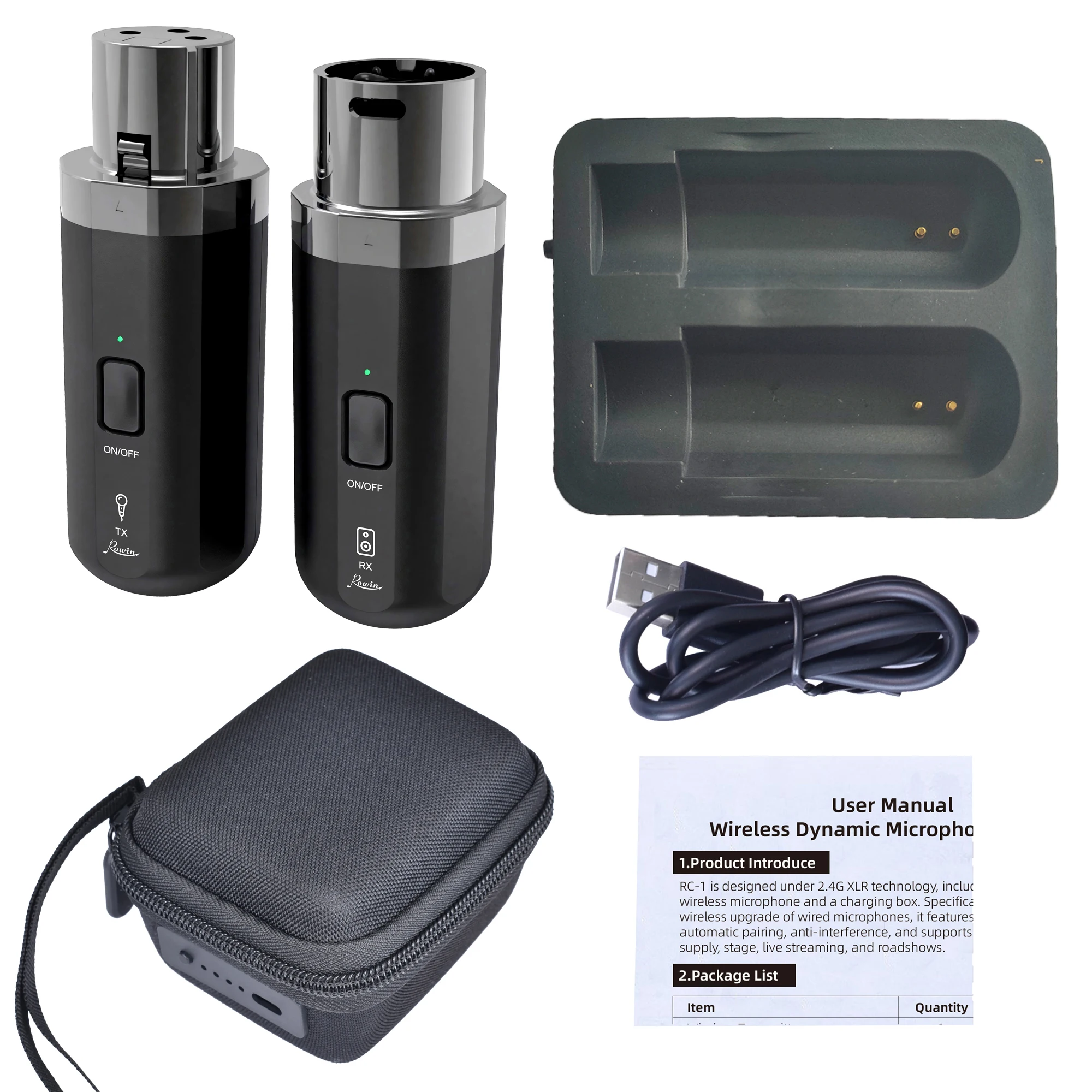 ROWIN NW-01 Wireless Microphone Transmitter Receiver， 2.4Ghz Microphone Wireless System, Rechargeable Wireless Mic Adapter