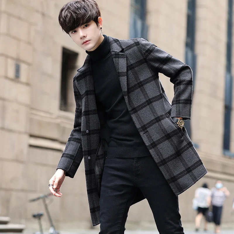 

Casual Autumn Winter Mens Grey Plaid Woolen Coat Mid-Length Overcoat Outwear Windbreaker Business Wool Warm Long Top Trench