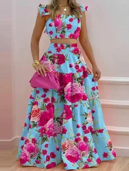 Floral Print Shirred Back Crop Tops & Maxi Skirts Set Summer Women Two Piece Set