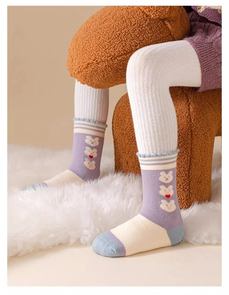 Wintersocken für Mädchen, dicke Baumwolle, warme Socken, kleine große Mädchen, florale Hasensocken, 5 Paar/Beutel, wadenlange Thermo-Frottee-Socken für Babys – Detail 11