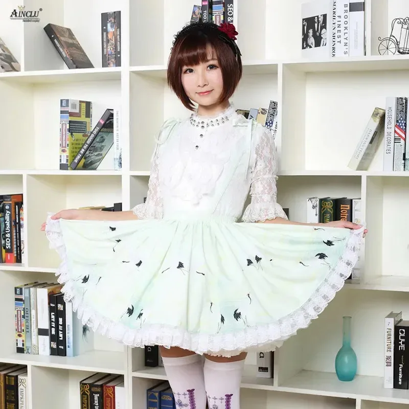 중국 스타일 크레인 윤허 레트로 여성용 스위트 레이디 라이트 그린 폴리에스터 레이스 슬링 플리츠 스트라이프 로리타 스커트