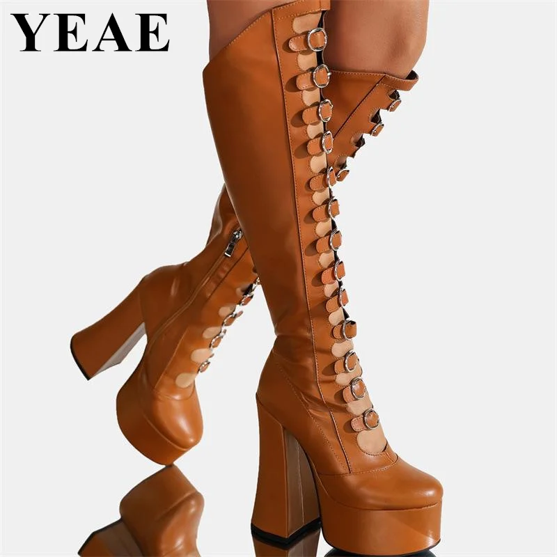 Thick Sole Black Hollow Out Knee High Boots Women Platform Square Heel Dance Shoes Super High Heel Sexy Boots Plus Size Footwear