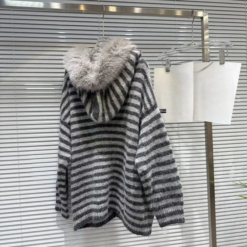 الأمريكية الرجعية معطف محبوك طويلة الأكمام فو الفراء س الرقبة المرأة عادية مخطط طباعة ثقافة فرعية معطف زر الرجعية النساء الملابس #4