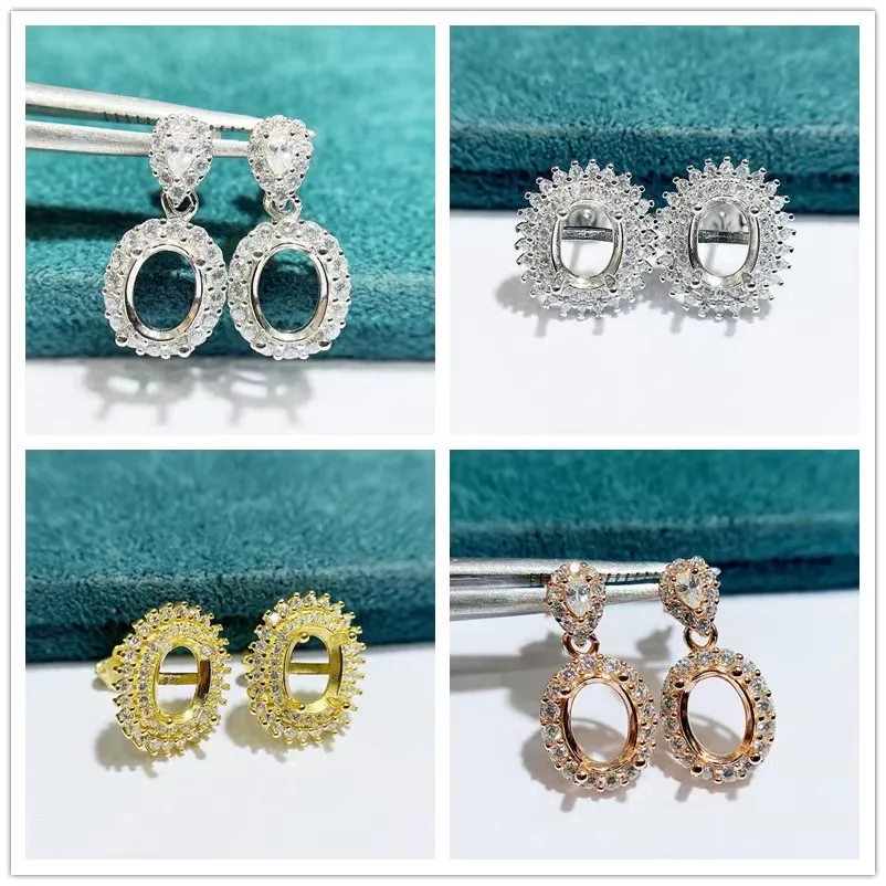 

MeiBaPJ 6mm*8mm Elliptic Stones DIY 925 Silver Empty Holder Fashion Flower Stud Earrings Fine Charm Party Jewelry for Women