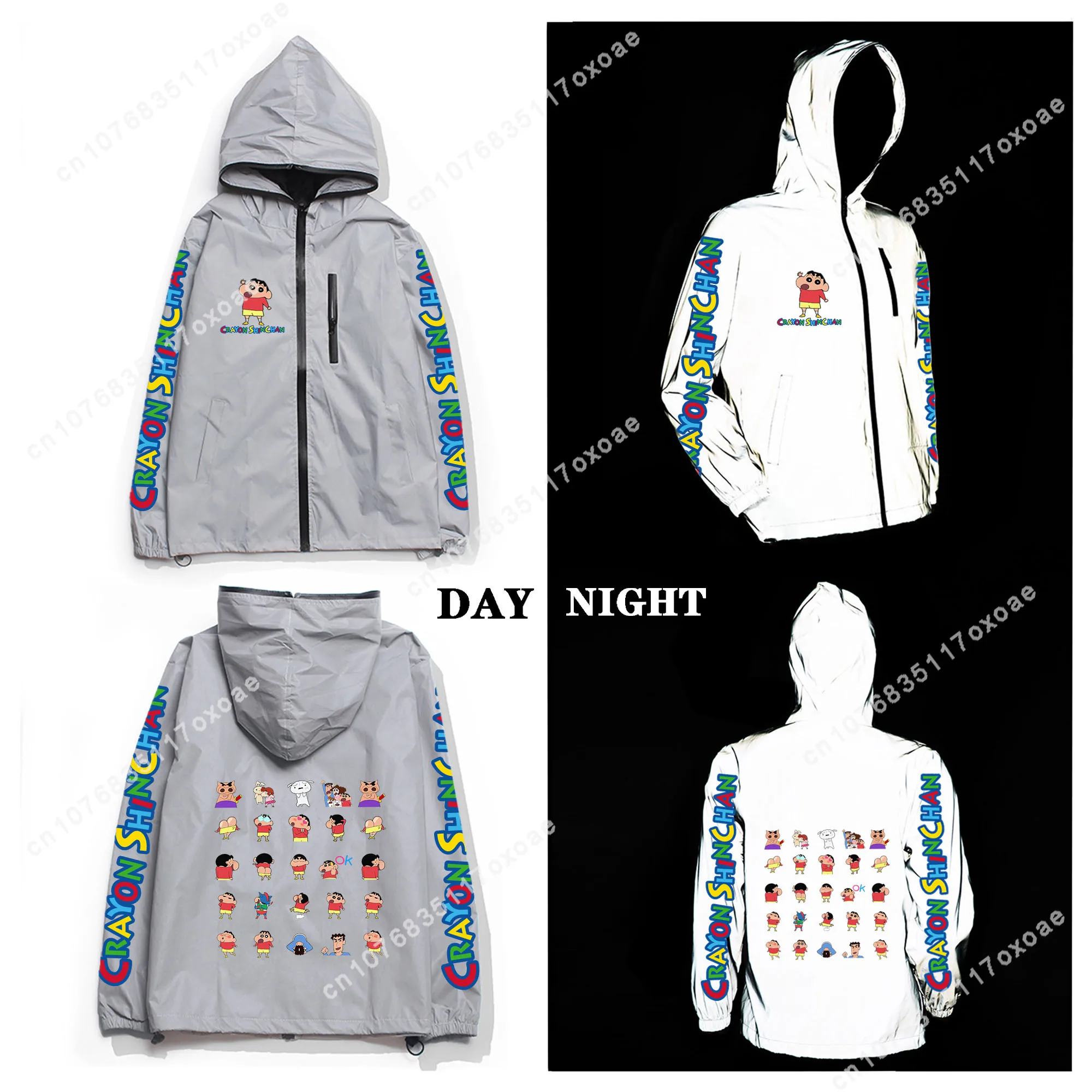 

C-Crayon Reflective Jacket Mens Womens Coat Hooded Windbreaker Pocket S-Shin Jackets Anime Cartoon C-Chan Customization Hoodie