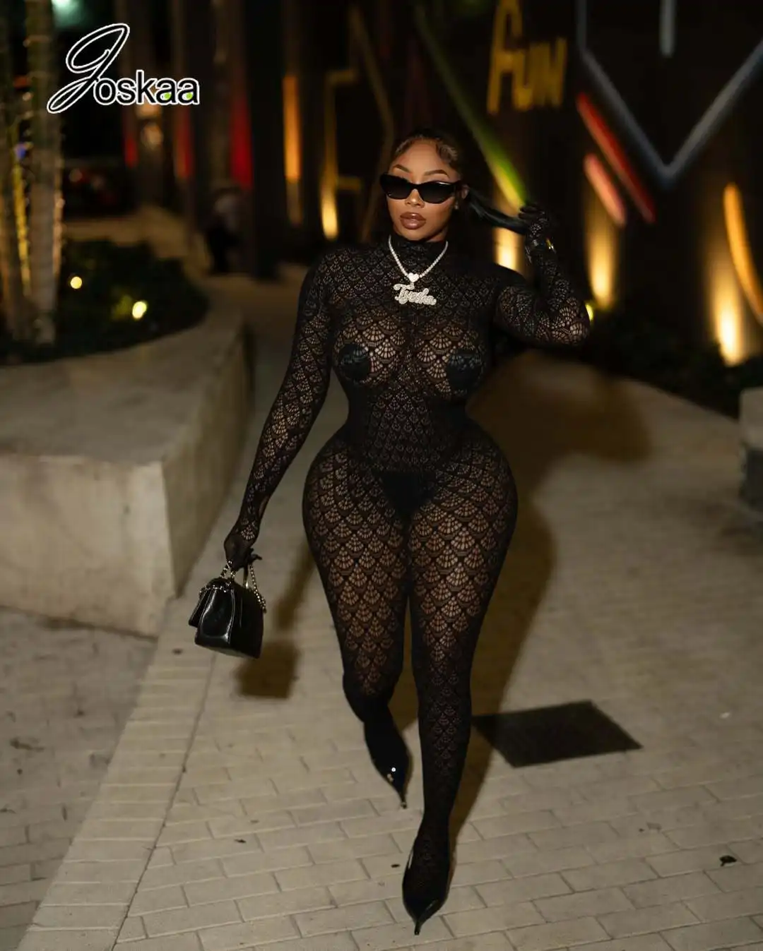 Joskaa-Bodystocking transparente de ganchillo con puntada de concha para mujer, medias ajustadas elásticas, lencería erótica, ropa de noche, ropa de club