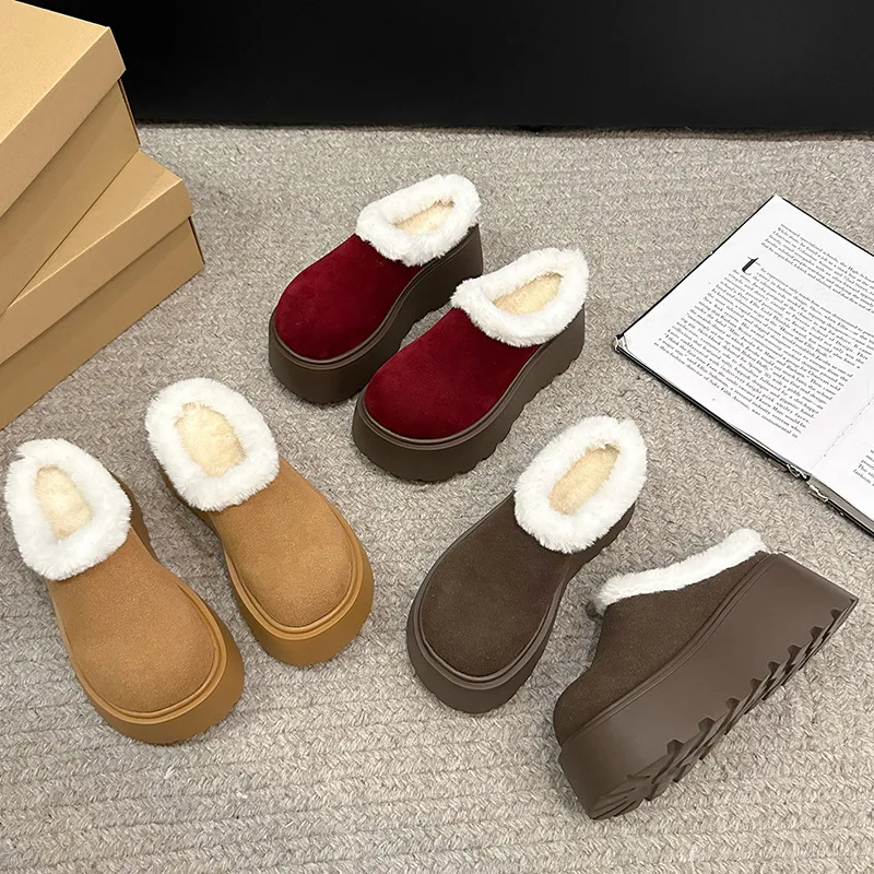 Fur Shoes Flock Cover Toe Ladies' Slippers Low Slipers Women Winter Footwear Platform Loafers Luxury Slides Plush 2024 Designer image 4