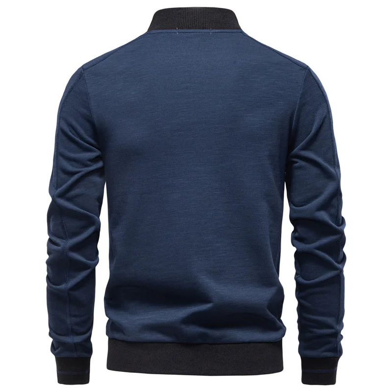 Casual Navy Blue Bomber Jacket Men Zip Up Stand Collar Black Trim Outerwear New 2026 Fashion Streetwear