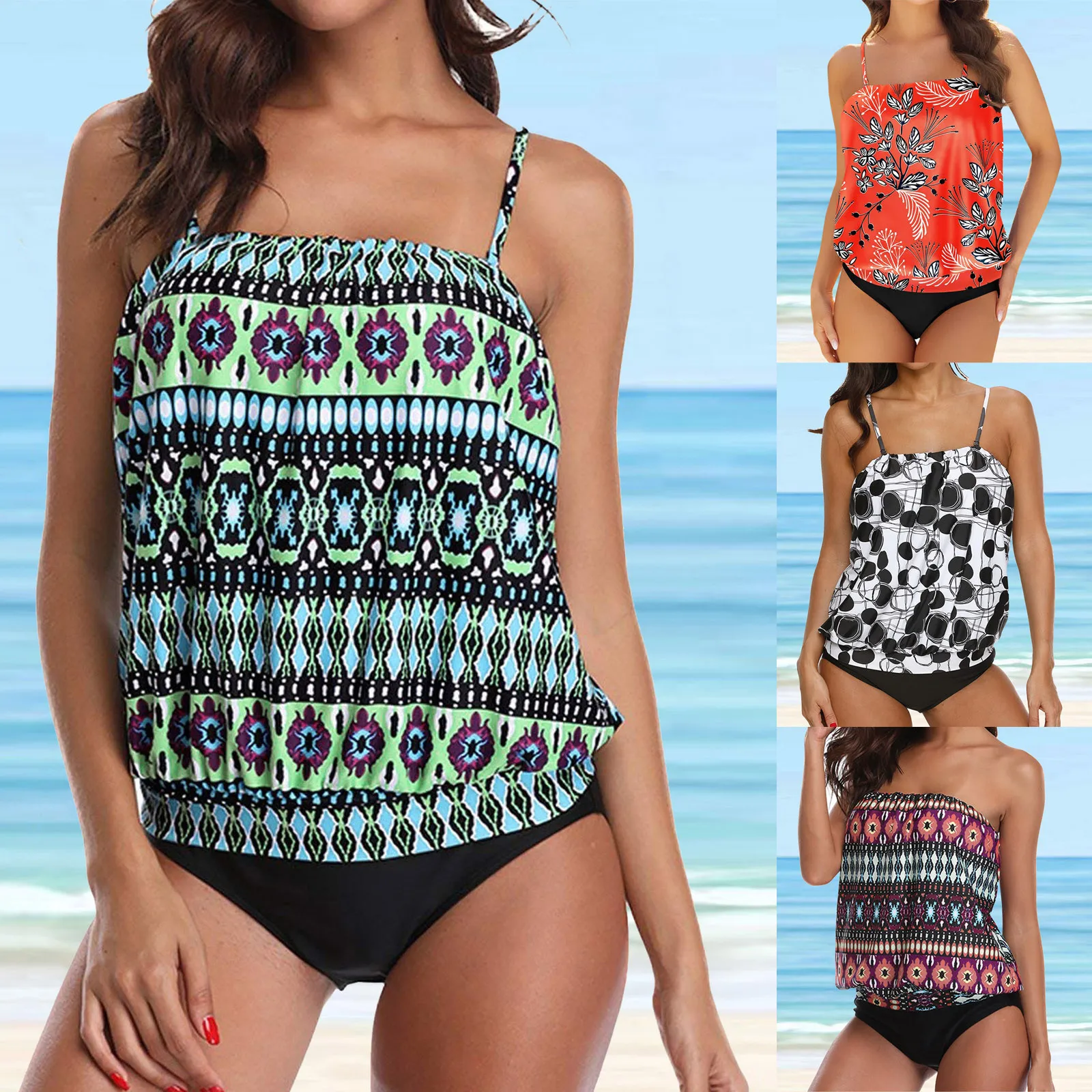 2025 Plus Size Two Pieces Swimsuit Swimwear Set Women Dot Print Summer Fashion Bathing Suits Tankini Beachwear Bikini Swimdress