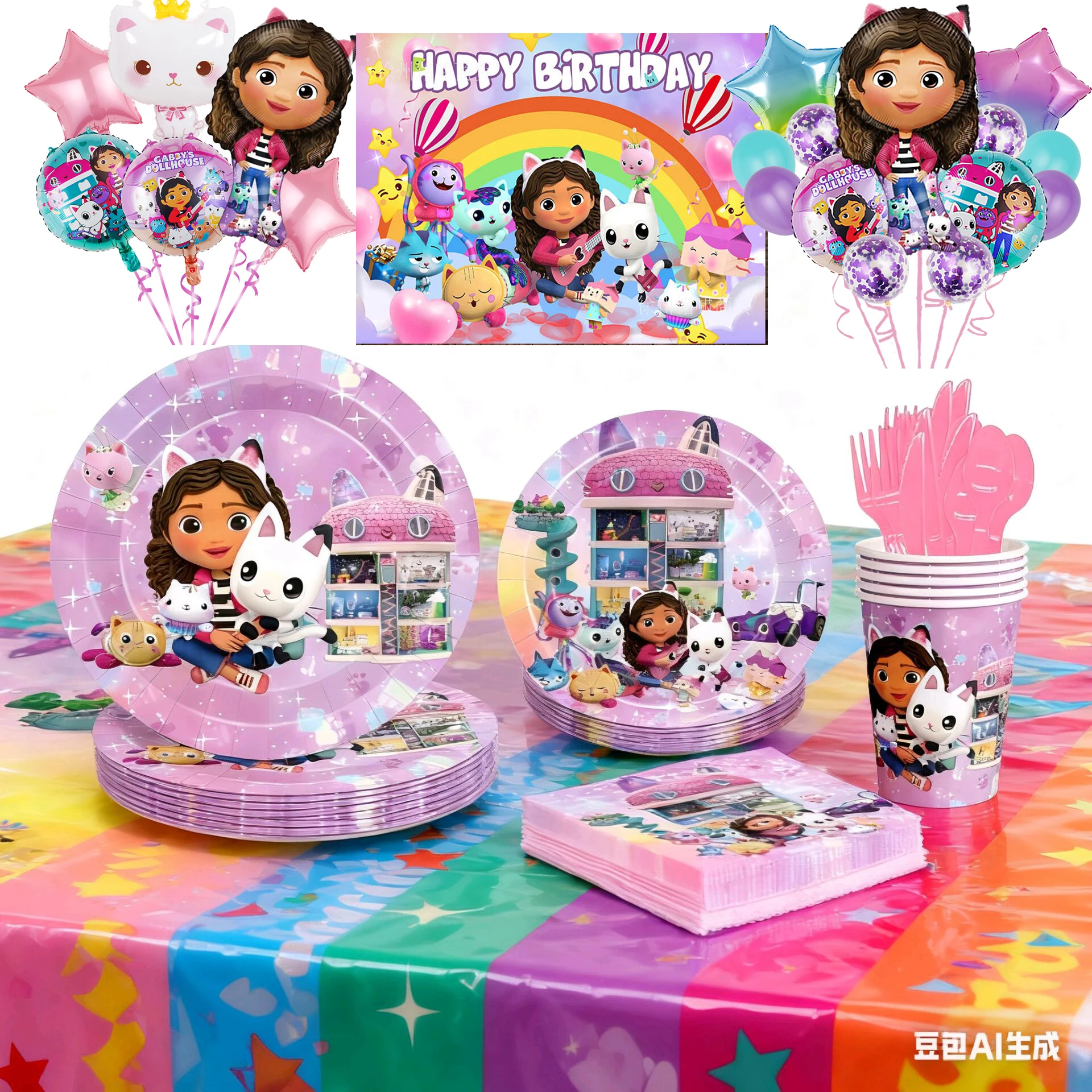 GabyDoll maison fête d'anniversaire décoration assiettes en papier tasse serviette bannière ballons fond pour filles bébé douche fête fournitures