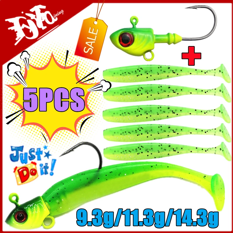 

New 5PCS Artificial Bait 9.3g11.3g14.3g Fishing Lure Jig Head Hook Multicolor Soft T Tail Lure for Bass Pike Fishing Accessories