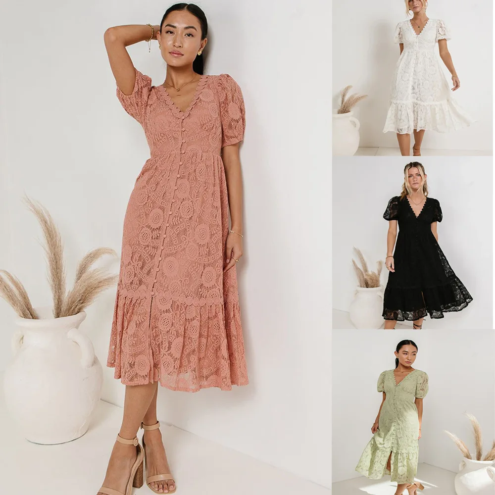 Frühling Sommer Elegante Spitze V-ausschnitt Kurzarm Einreiher Ausschnitte Cinched Taille Langes Kleid Frauen Büro Dame Pendeln Kleid