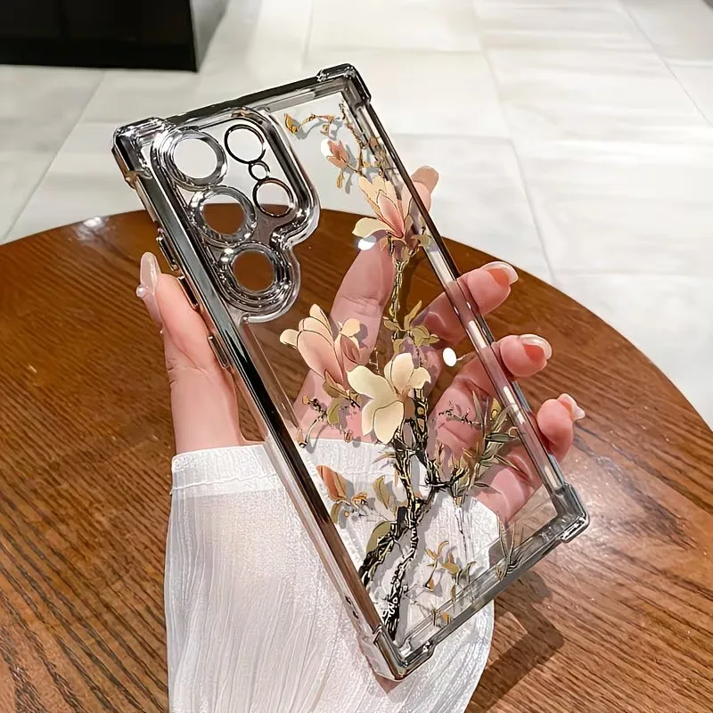 Jade Orchid Pattern Four Corner Anti Drop Phone Case For Samsung Galaxy S26 S25 S24 S23 S22 S21 Ultra Plus Edge FE Protect Cover